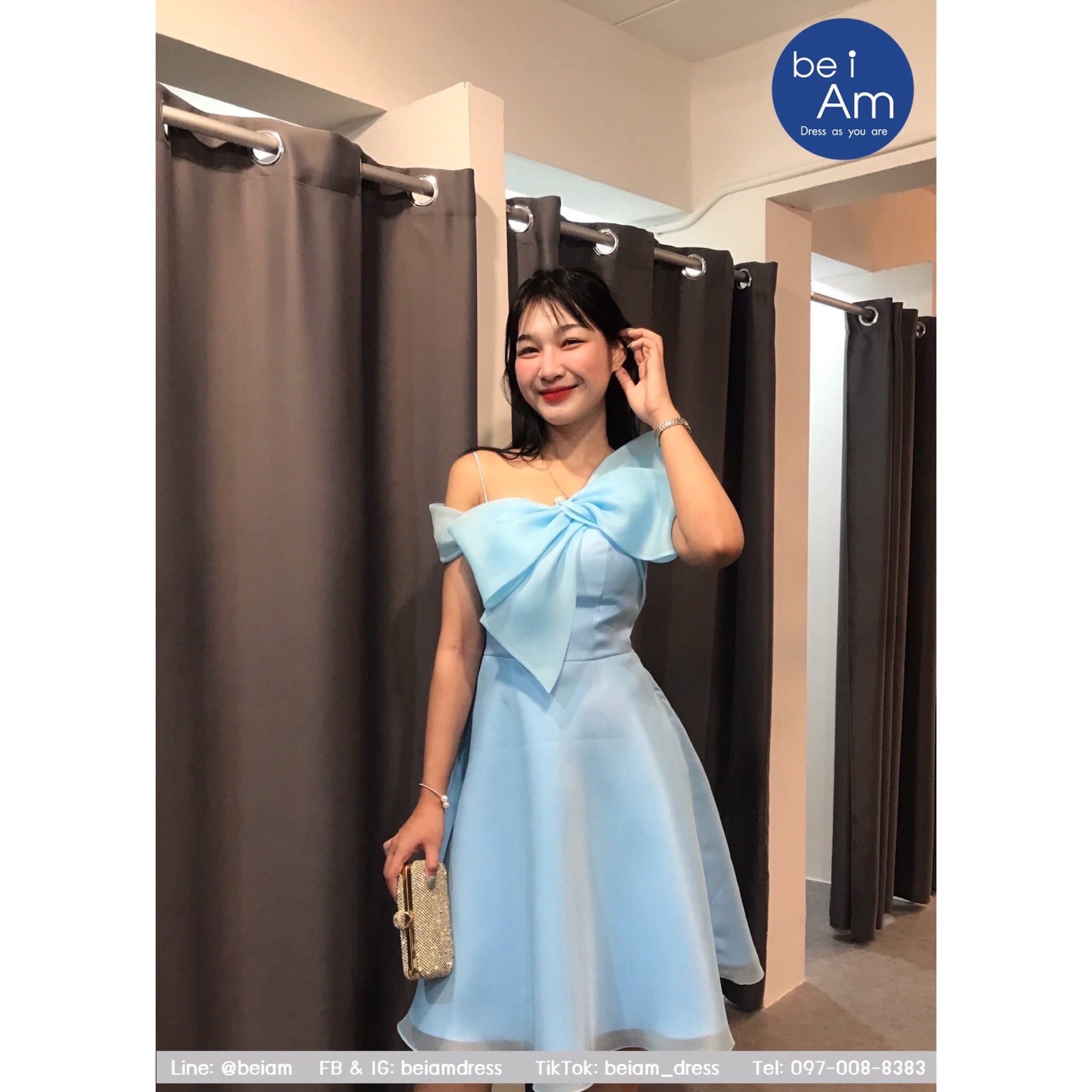 พริ๊นเซสสั้น ฟ้า(มีตำหนิด้านหลัง) ชุดราตรีสั้น ฟ้า