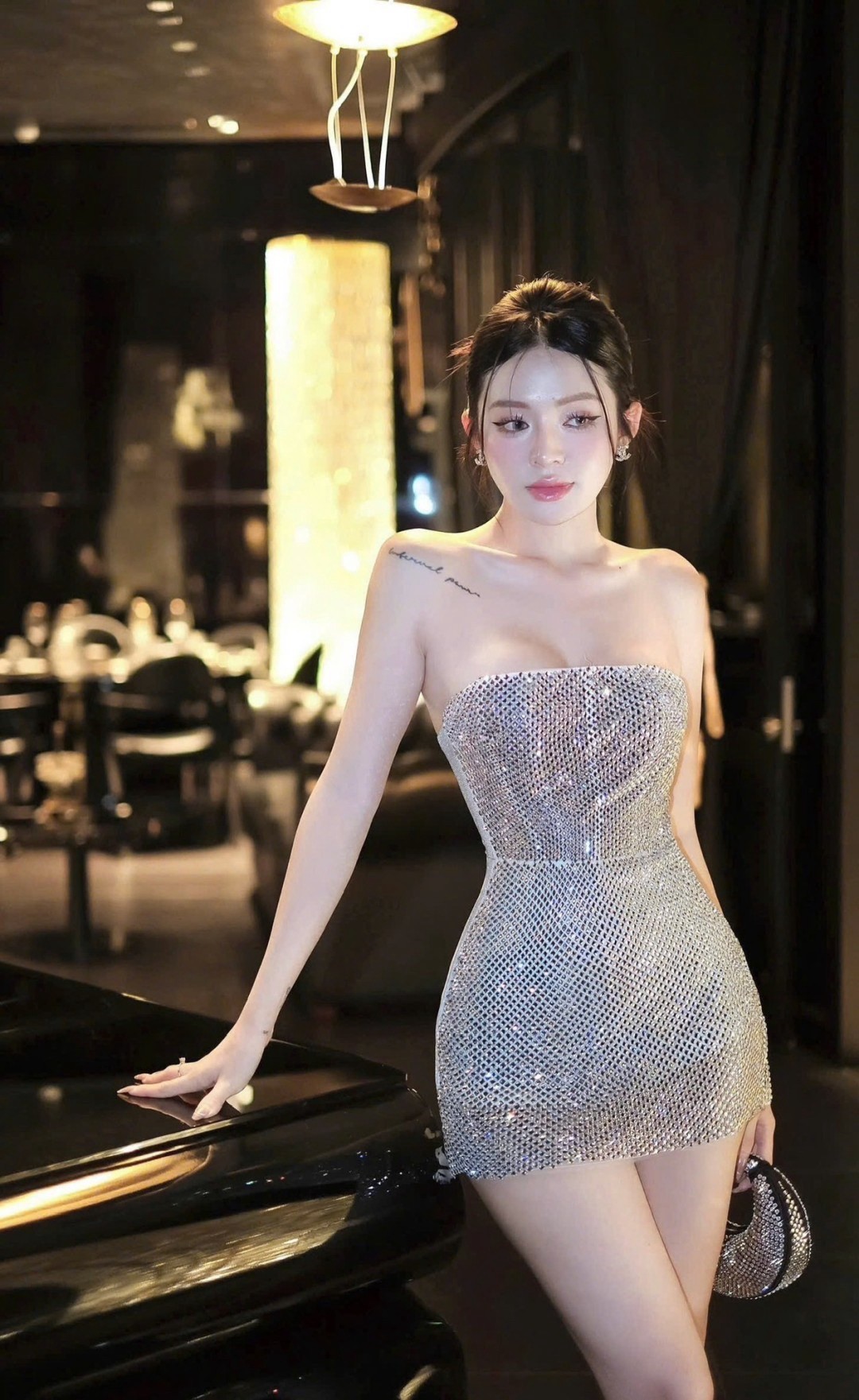 cwn ดิออร์สั้น เงิน ชุดราตรีสั้น เทา