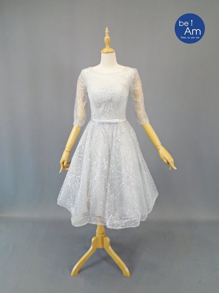 นับดาวสั้น แขนยาว วิ๊งๆ เทา - 01 ชุดราตรีสั้น เทา